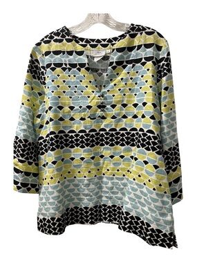 Hot Cotton 100% Linen Geometric Print Tunic Top V-Neck - Size S